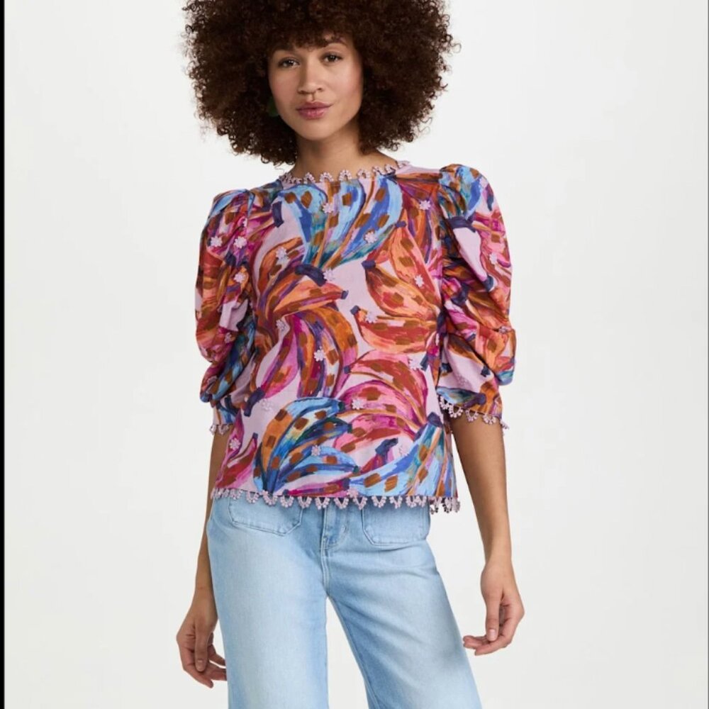 FARM Rio Pink Multicolor Puff-Sleeve Colored Bananas Print Blouse Large